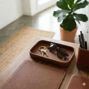 Brown leather small catch all tray holding paperclips and a fountain pen on a modern office desk.