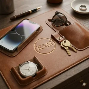 A variety of personalized leather valet trays displayed in different colors including navy blue, forest green, and classic black.