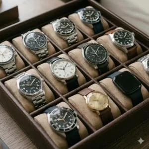 A personalized mens valet watch tray for keys, wallet, and a single watch.