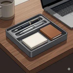 A sleek, modern designer catch all tray used as a desk organizer for fountain pens and stationery.