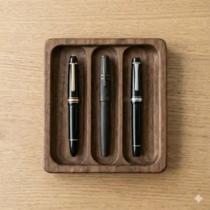 Top-down view of an organized desk setup featuring a black metal pen tray and office supplies.