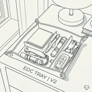 Illustration of a modern bedside nightstand featuring a leather edc tray next to a lamp.
