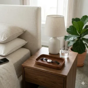 Small catch all tray on a nightstand holding a wristwatch and a pair of reading glasses.