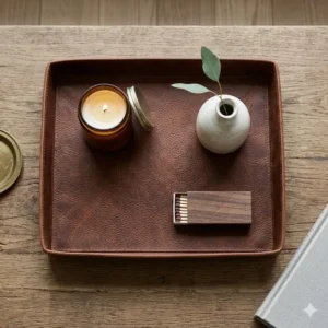 Large rectangular leather tray styled with a candle and a small vase on a living room coffee table.