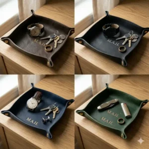 Multiple custom leather valet tray options displayed in black, navy, and forest green colors.