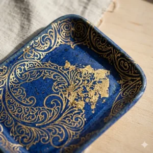 Close-up view of a handcrafted ceramic designer catch all tray with intricate gold leaf detailing.