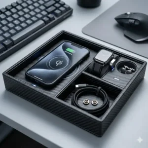 Modern mens valet tray featuring an integrated Qi wireless charging pad powering a smartphone next to an open watch slot.