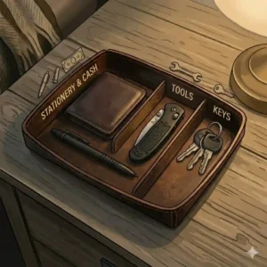 A divided multi-compartment valet edc dump tray showing separate sections for loose change, rings, and a pocket knife.