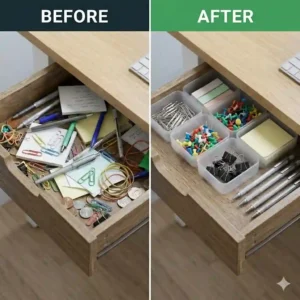 Before and after small desk drawer organization ideas with dividers.