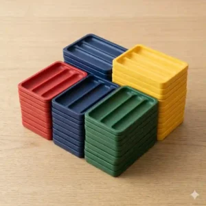 Colorful stackable plastic pen trays used to categorize pens, pencils, and markers.