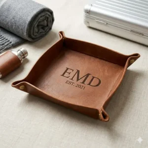 A collapsible and travel-friendly personalized valet tray lying flat for easy packing.