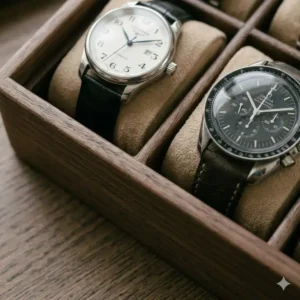A natural solid walnut wooden watch tray handcrafted quality on a dresser.