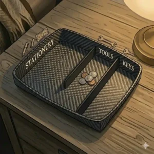 Close-up detail of a carbon fiber edc dump tray highlighting the durable weave and scratch-resistant surface.