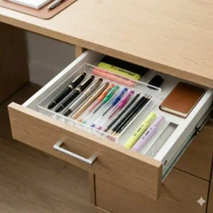 A clear acrylic pen tray used as a drawer insert to organize office stationery efficiently.