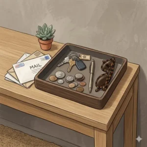 Minimalist designer catch all tray by a front door holding loose change, mail keys, and sunglasses.
