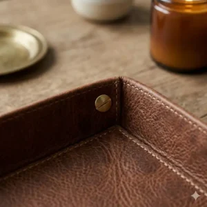 Close-up detail of the durable perimeter stitching and premium texture on a genuine leather tray.