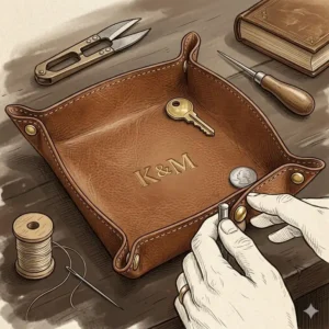 A high-angle shot showing the durable metal snaps and handcrafted stitching of a personalized leather valet tray.