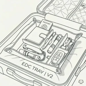 A stylish office desk setup featuring a valet-style edc tray holding a tactical pen, notebook, and wireless earbuds.