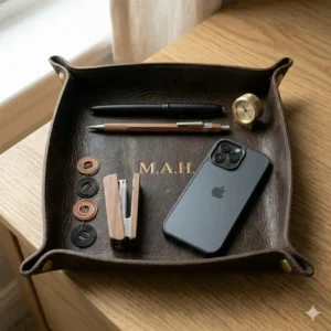 A custom leather valet tray used as a desk organizer for a smartphone, pens, and office supplies.