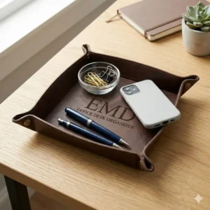 A personalized valet tray used as an office desk organizer holding paperclips, a fountain pen, and a smartphone.