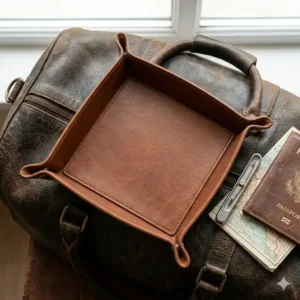 A packable mens valet tray unbuttoned and laid completely flat next to a leather travel duffel bag.