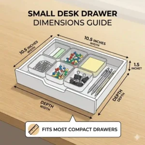 A dimensional guide for typical small desk drawer measurements.