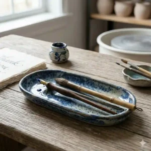 Ceramic pen tray used as a rest for calligraphy brushes and ink pens during an art session.