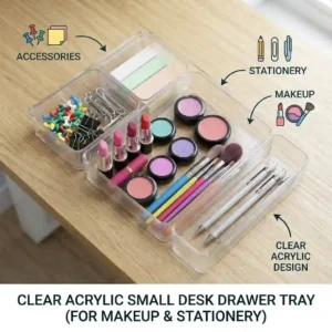 Clear acrylic small desk drawer dividers showing contained items.
