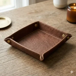 A collapsible leather tray with metal corner snaps shown flat for easy travel packing.