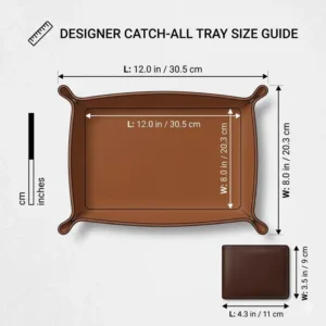 An overhead diagram showing the dimensions of a rectangular designer catch all tray next to a standard sized wallet.