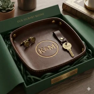 An engraved leather valet tray presented in elegant gift packaging, ideal for anniversary or groomsmen gift inspiration.