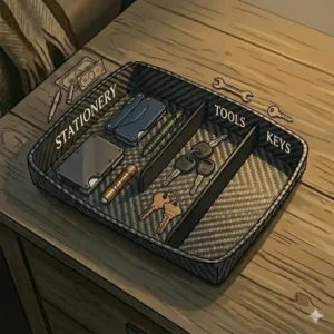 A modern wooden entryway table edc dump tray positioned on a console table holding car keys and sunglasses.