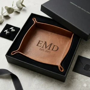 A personalized valet tray presented in a luxury gift box ideal for Father's Day or groomsmen gifts.