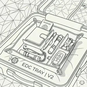 A comparison graphic showing three types of edc tray designs made from wood, full-grain leather, and kydex.