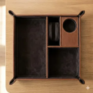 An organized mens valet tray with specialized velvet-lined slots protecting luxury wristwatches, rings, and cuff links.