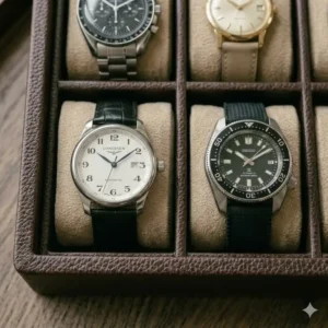 A black flat-packing portable watch tray travel case open on a hotel bedside.