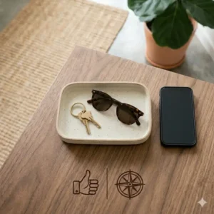 Top-down view of a small catch all tray next to a smartphone to show compact dimensions.