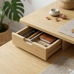 A cozy workspace featuring a small desk drawer made of oak wood.