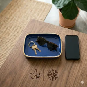 Decorative blue glazed ceramic small catch all tray with gold rim detailing.