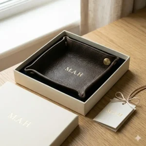 A custom leather valet tray presented in an elegant gift box with a personalized tag.