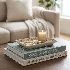 A decorative designer catch all tray styled on a stack of coffee table books next to a scented candle.