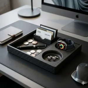A sleek black carbon fiber mens valet tray organizing fountain pens, business cards, and a smartwatch on a modern office desk.