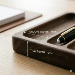 Industrial style grey concrete pen tray holding a single stylus on a glass desk.