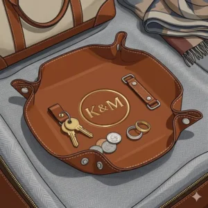 A collapsed, flat-lay view of a personalized leather travel tray showing how it unsnaps for easy packing in luggage.