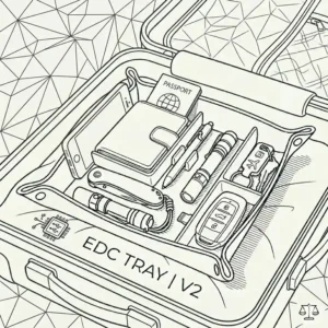 An illustration of a travel edc tray showing how it unsnaps to lay flat in a suitcase and snaps together for hotel use.