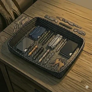 A collapsible travel valet flat lay showing a lightweight travel edc dump tray with corner snaps next to a packed suitcase.