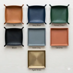 A collection of designer catch all trays displayed in various colors including tan, navy blue, and forest green.