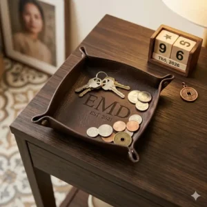 A personalized valet tray sitting on an entryway console table used to catch keys and loose change.