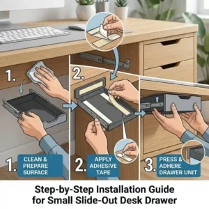 A step-by-step graphic showing how to install small desk drawer slide-out.