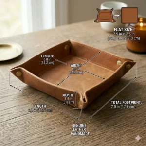 Graphic illustration showing the width, length, and depth measurements of a standard valet leather tray.